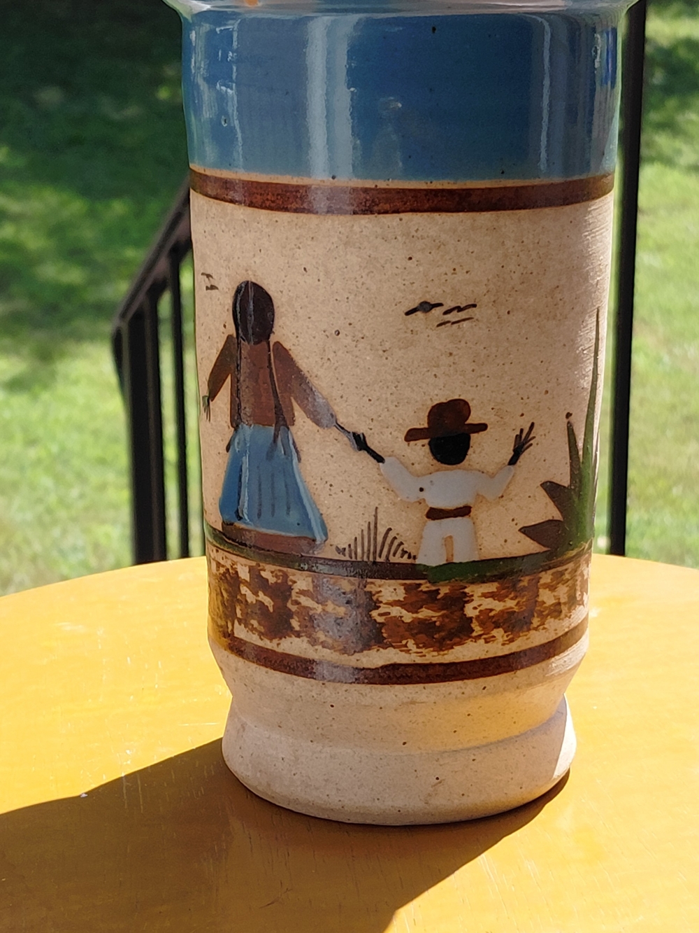 Hand-Painted Blue and Cream Ceramic Vase - Home ArtVintage Tonala Mexican Vase